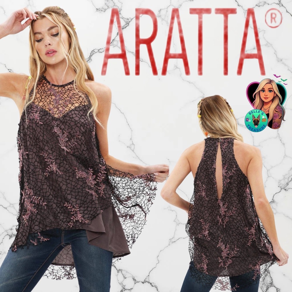 Aratta Silent Journey Women's Medium Monaco‎ Top Floral Lace Pink Black Tank NEW